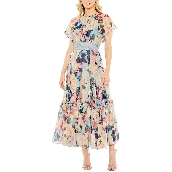 Mac Duggal WomensHigh Neck Flutter Sleeve Ruffle Hem Dress